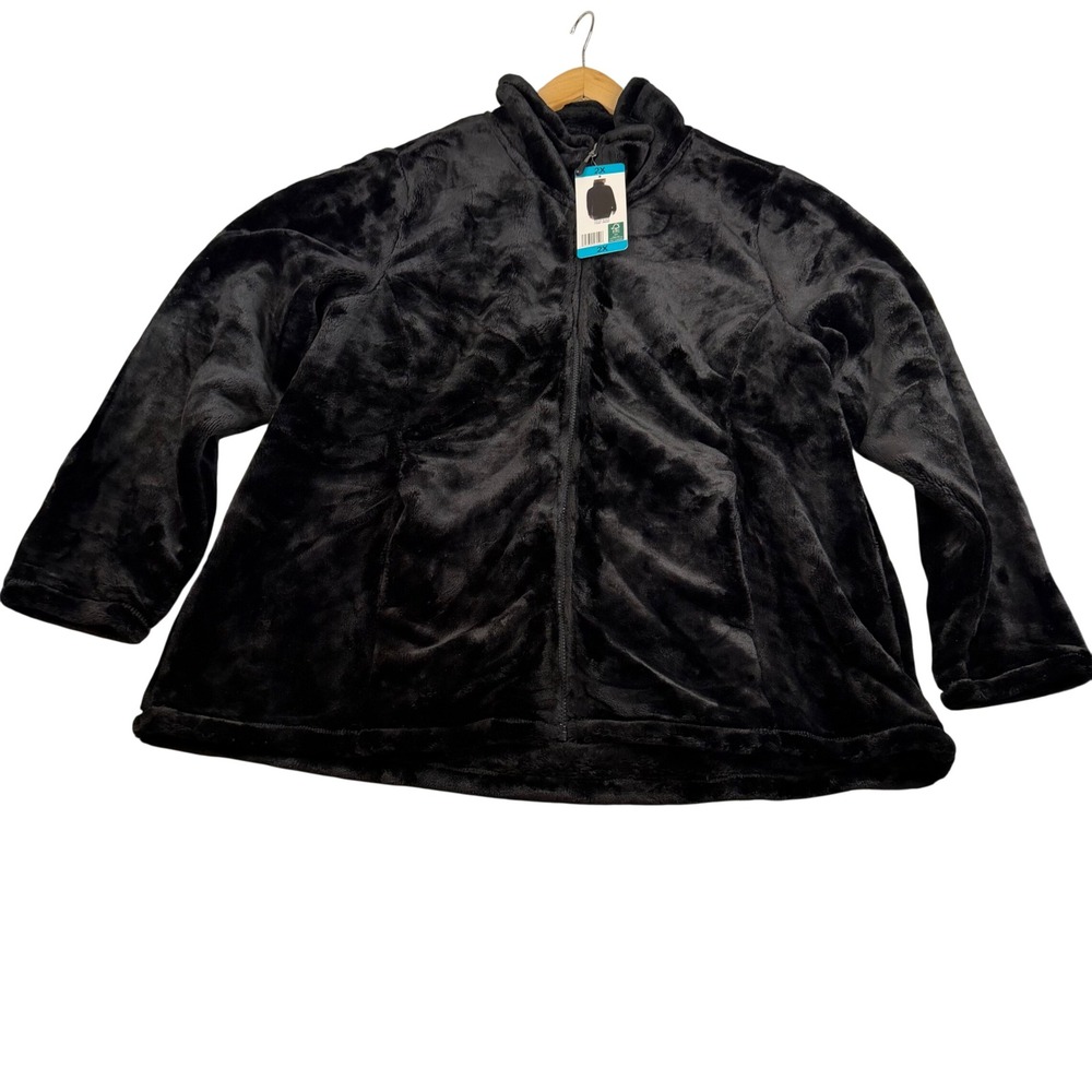 32 Degrees Heat Womens 2X Black Faux Fur Full Zip Fleece Jacket Mock Neck Pocket